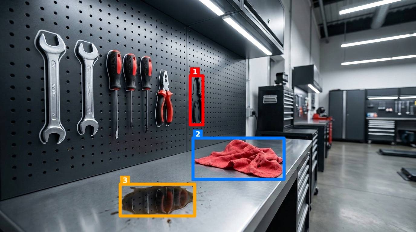 Реальный результат AI-инспекции: три нарушения подсвечены рамками (нет инструмента, ветошь, пятно масла)