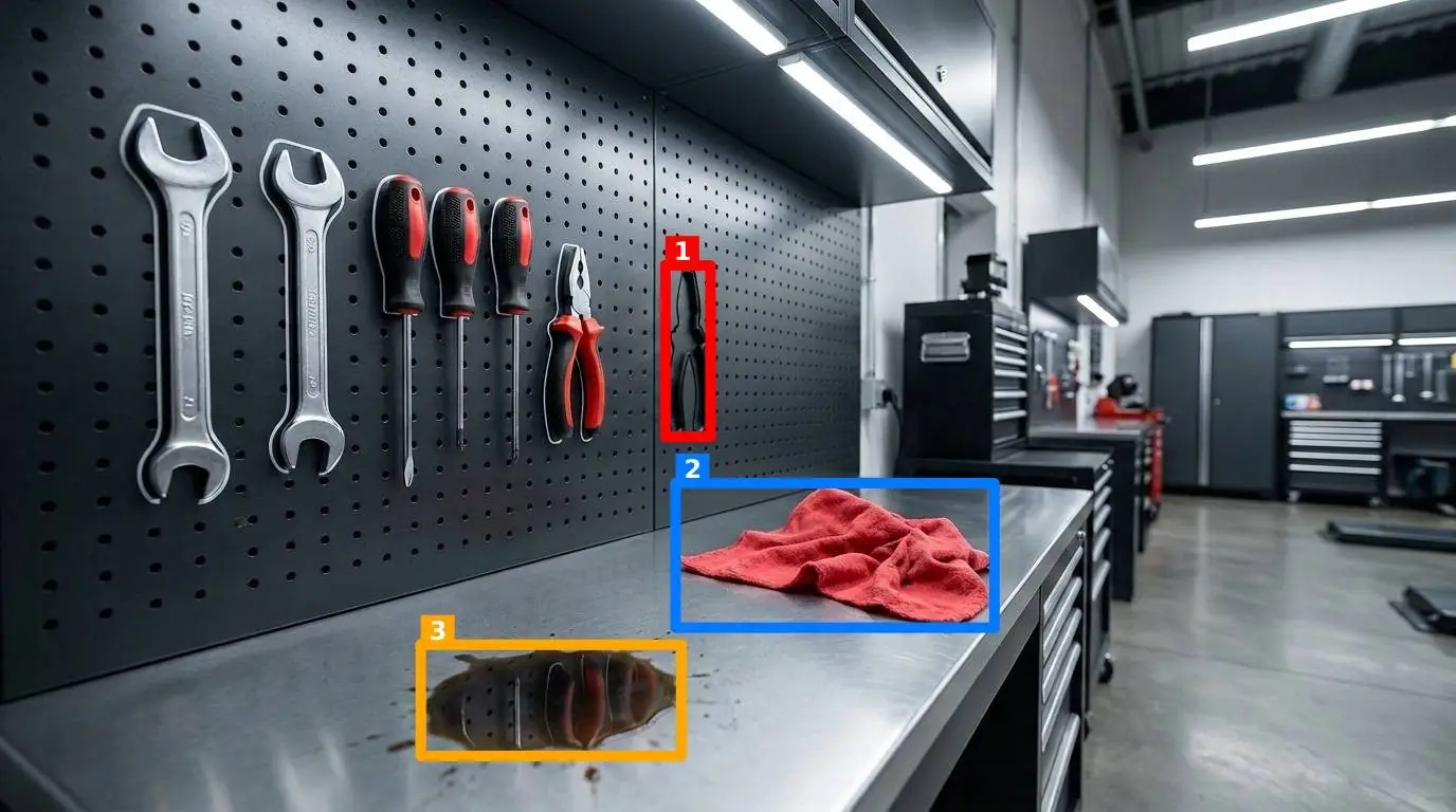 Echtes KI-Inspektionsergebnis: fehlendes Werkzeug, Lappen und Ölfleck mit Markierungen hervorgehoben
